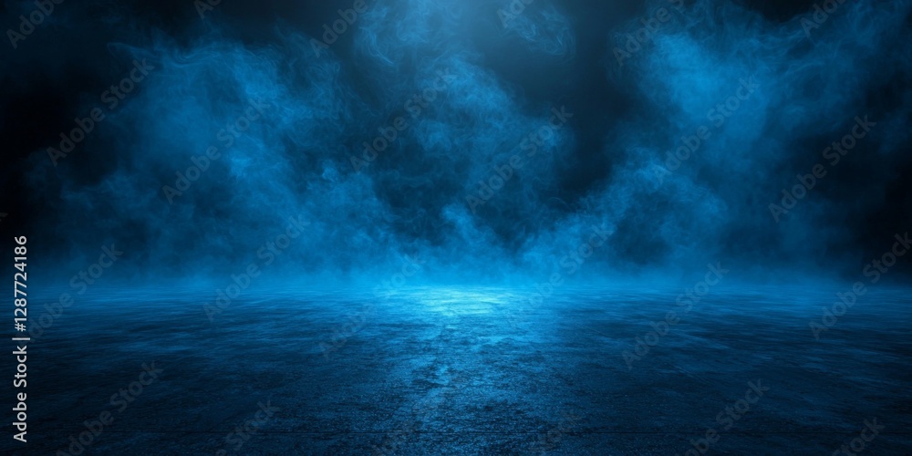 Fototapeta premium Dramatic Blue Smoke Background Atmospheric Dark Scene Grungy Texture Studio Lighting