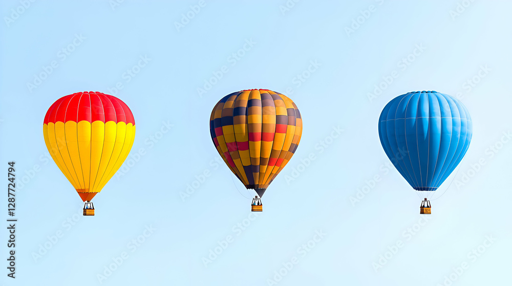 Naklejka premium Three Colorful Hot Air Balloons Ascending in a Clear Blue Sky