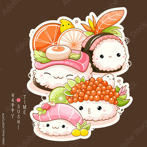 Set of cute sushi and rolls in kawaii style with smiling faces. Japanese traditional cuisine dishes. Can be used for t-shirt print, sticker, greeting card, menu design. Vector illustration EPS8  