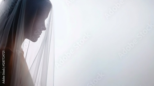 Ethereal Bride Silhouette with Veil Against Soft Background Light