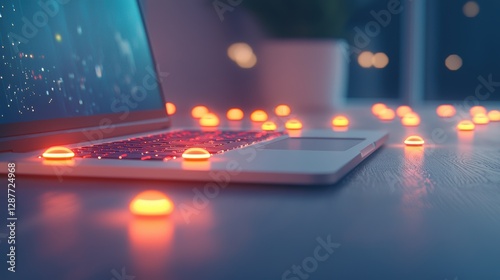 A row of various electronic devices with their power buttons illuminated, highlighting the ubiquitous nature of technology in modern life. photo