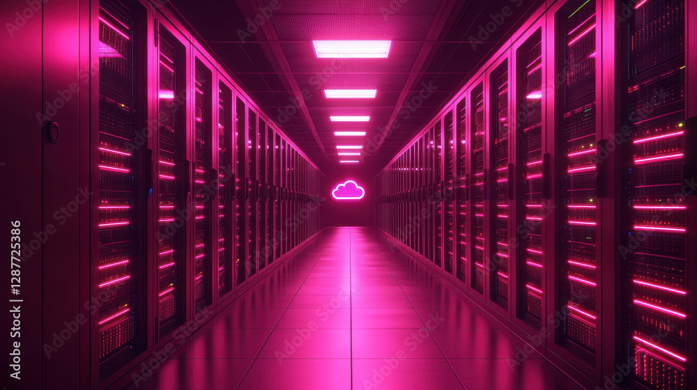 Fototapeta premium Cloud storage Globalization communication network futuristic data center with pink lighting and cloud symbol