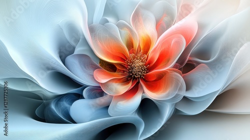 Abstract digital art of a flower with soft, flowing petals in shades of blue, orange, and white.