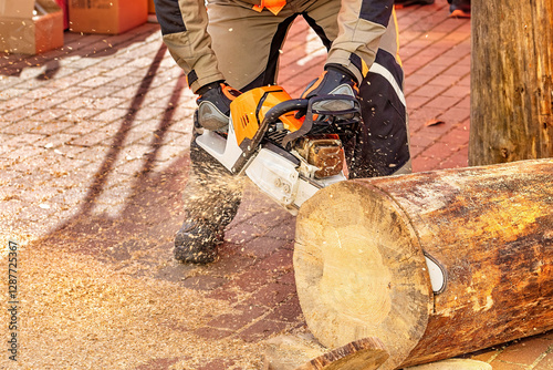 Obraz na płótnie Expert woodworker skillfully cuts into a log using a high-powered chainsaw on a sunny afternoon w salonie