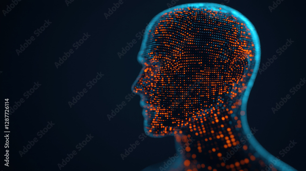 Cloud storage Globalization communication network Digital human silhouette with glowing dots in blue and orange colors Cloud storage Globalization communication network Digital human silhouette with glowing dots in blue and orange colors