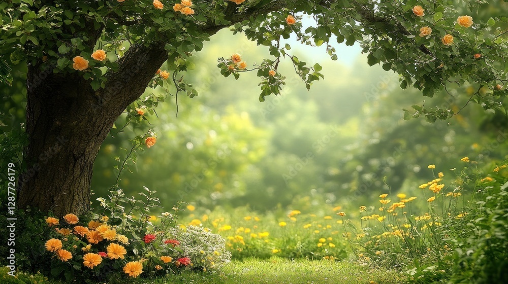 Obraz premium Lush garden scene with blooming flowers, green grass, and a large tree.