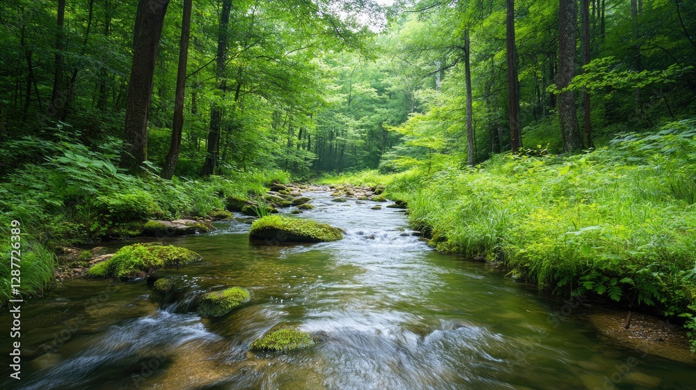 Serene Forest Stream Flowing Through Lush Green Wilderness Serene Forest Stream Flowing Through Lush Green Wilderness