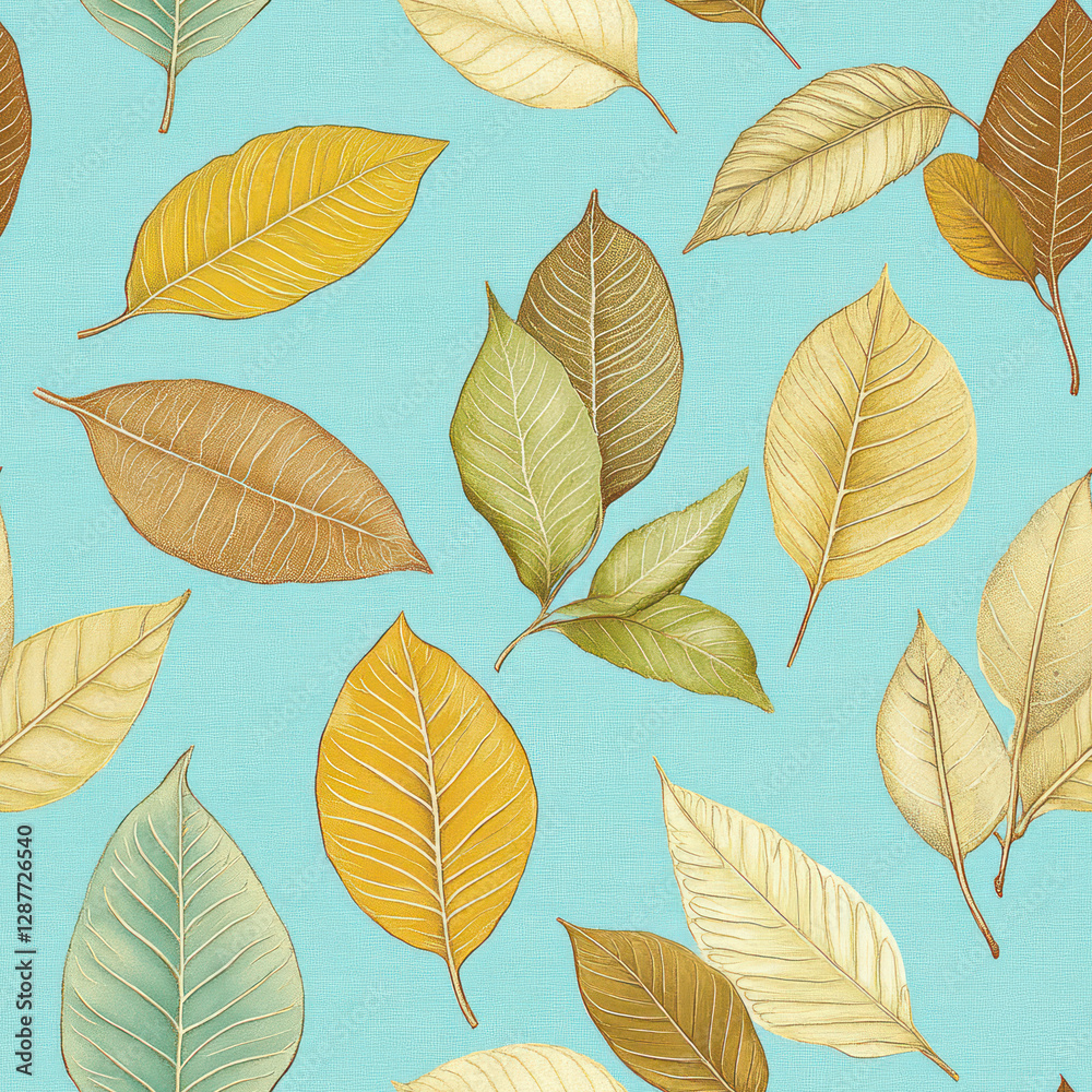 Fototapeta premium Assorted leaf pattern on light blue background. Autumn colored leaves scattered abstractly