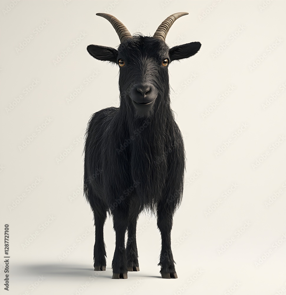 Fototapeta premium A goat with long horns elegantly posing against a pure white background