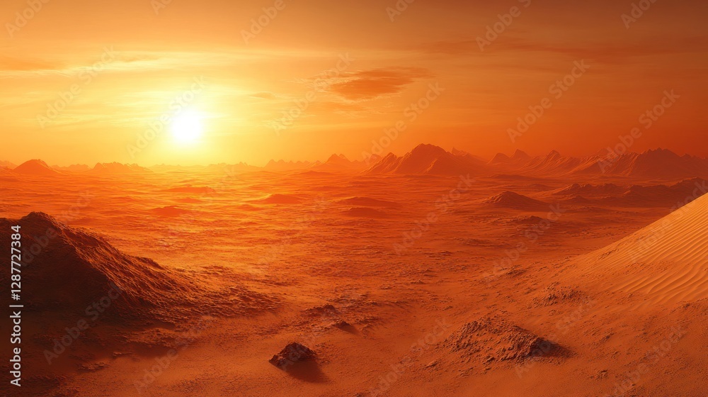 Naklejka premium Vibrant sunset over a vast, orange desert landscape with rolling sand dunes and distant mountains.