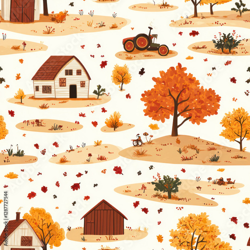 Autumn harvest Rustic houses, barn, tractor, falling leaves, and trees in countryside photo