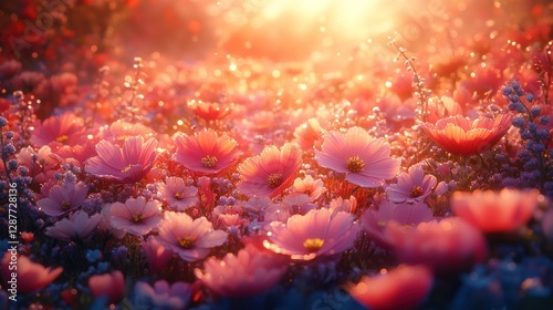 Vibrant pink cosmos flowers in a field at sunset, glistening with dew drops.