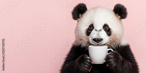 This charming panda is holding a cup, set against a pastel pink background that radiates warmth and friendliness.