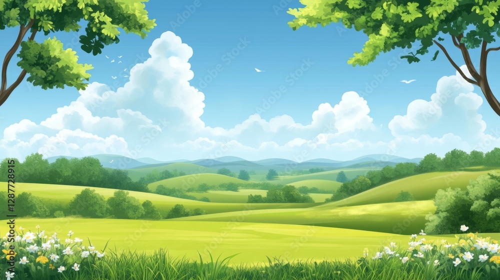 Fototapeta premium Springtime Valley View; Lush Landscape; Peaceful Scene; Ideal for Backgrounds