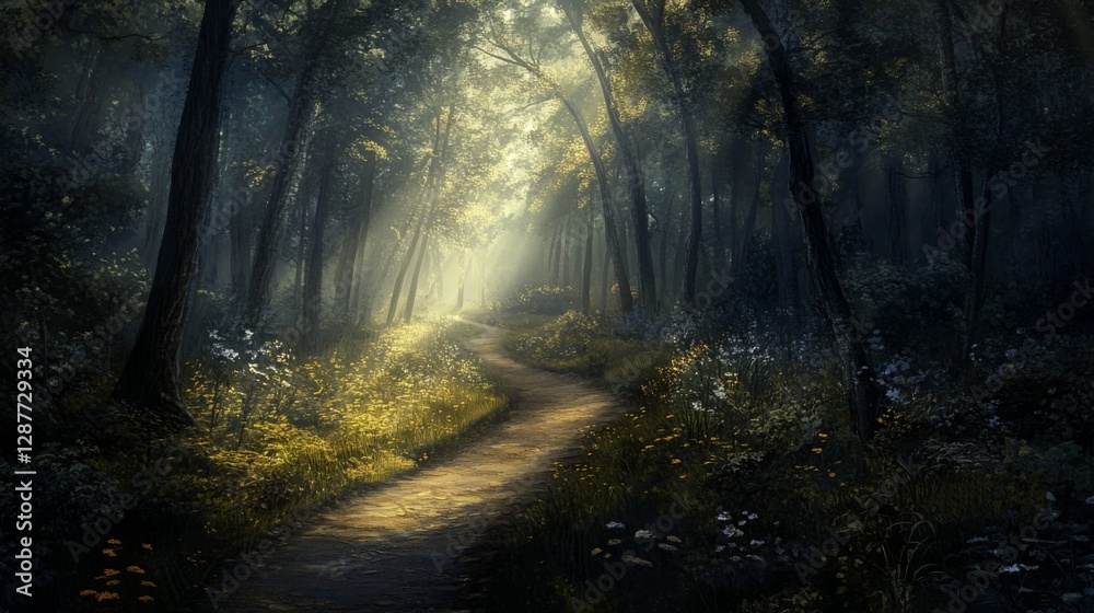 Naklejka premium Sunlight Path Through Misty Forest