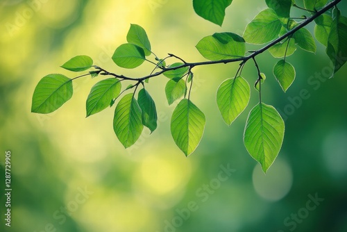 A stunning presentation of a leafy branch filled with vibrant green leaves against a gentle color gradient background.
