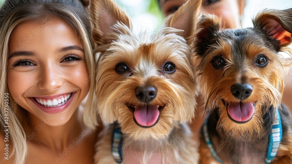 Happy woman with two Yorkshire Terriers. Happy woman with two Yorkshire Terriers.
