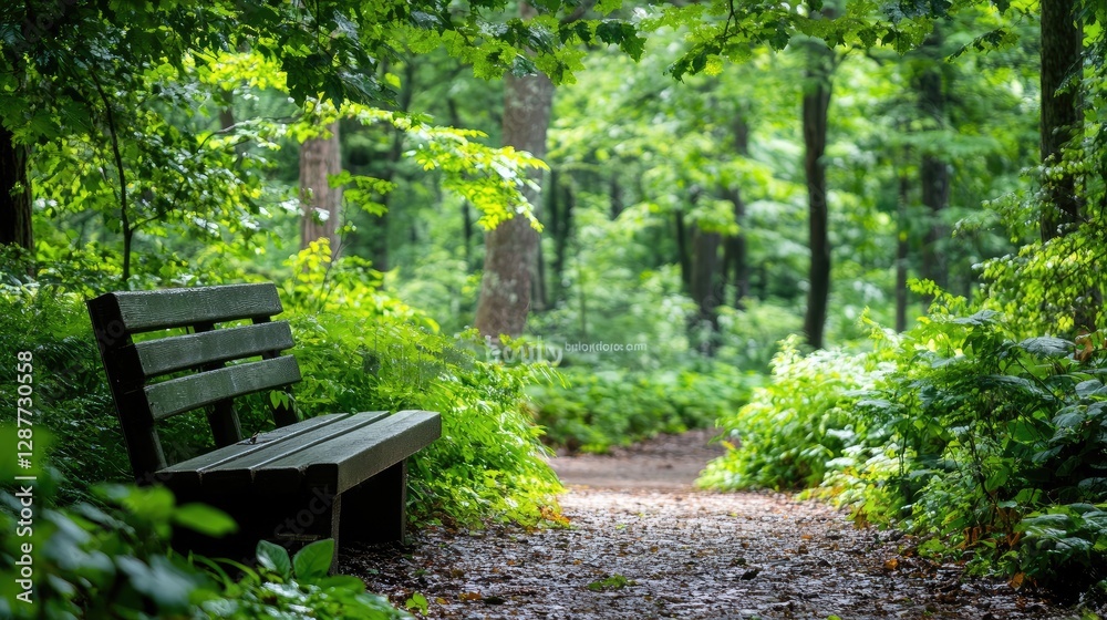 Peaceful Wooden Bench Surrounded by Lush Green Forest Pathway Peaceful Wooden Bench Surrounded by Lush Green Forest Pathway