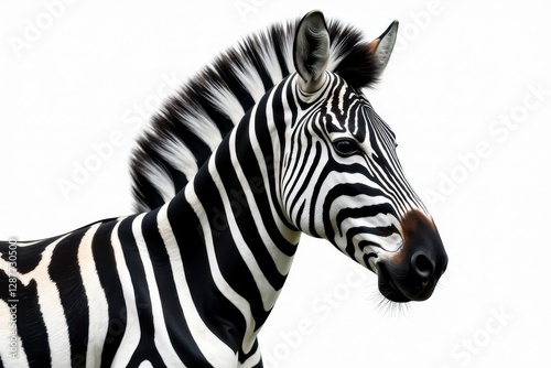 Striped Equine Portrait A Close-Up View of a Majestic Zebra's Head and Neck Against a Pure White Background, Showcasing Its Distinctive Coat Pattern and Expressive Features