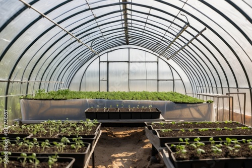 Lush green plants or tomato growing inside a greenhouse photo