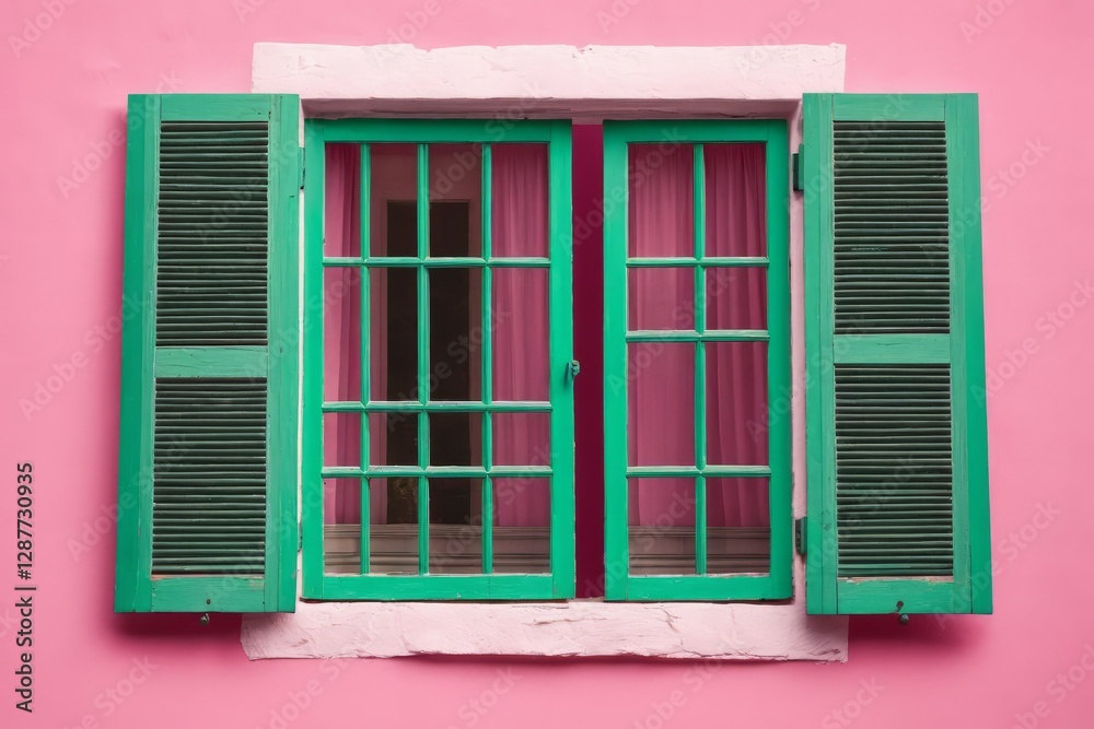 Fototapeta premium Window with wooden shutters on an pink old building facade