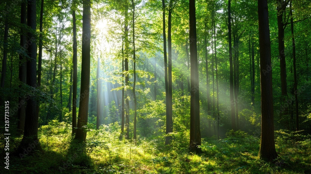 Fototapeta premium Sunlight Filters Through Lush Green Forest Trees in Tranquil Scene