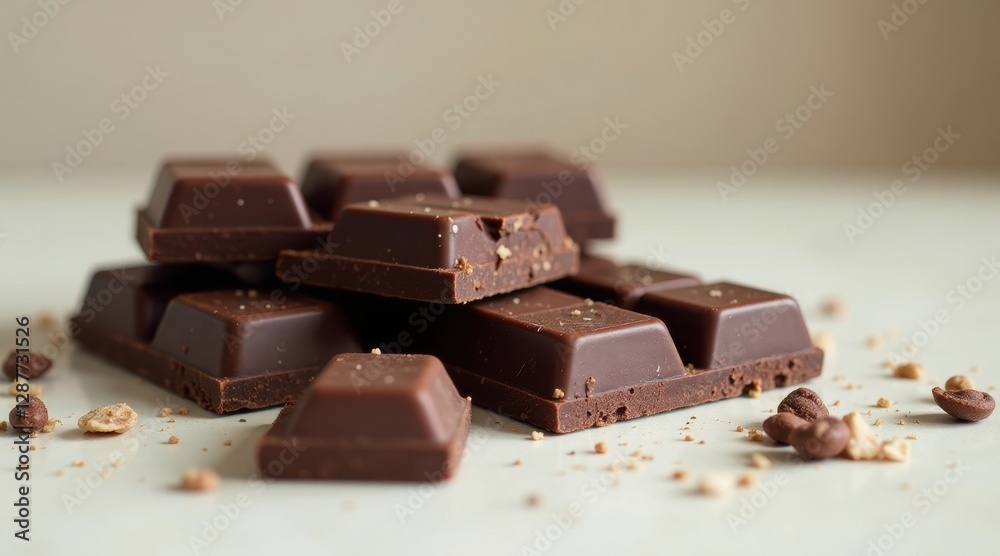 A delectable arrangement of dark chocolate squares, meticulously stacked, rests on a pristine surface, accompanied by scattered chocolate bits. A delectable arrangement of dark chocolate squares, meticulously stacked, rests on a pristine surface, accompanied by scattered chocolate bits.