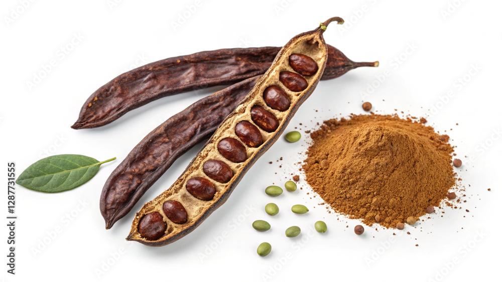 Close-up of carob ingredients, highlighting their organic origin, smooth seeds, and finely ground powder Close-up of carob ingredients, highlighting their organic origin, smooth seeds, and finely ground powder