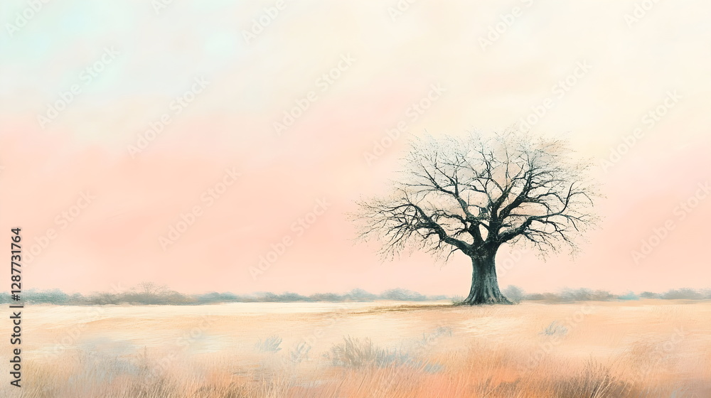 Digital Painting of a Lone Baobab Tree in a Light Savanna – Soft Beige and Pale Green Grass, a Subtle Pink Sky, Gentle Textures, and a Bright, Airy Feel, Captured in High Quality Digital Painting of a Lone Baobab Tree in a Light Savanna – Soft Beige and Pale Green Grass, a Subtle Pink Sky, Gentle Textures, and a Bright, Airy Feel, Captured in High Quality