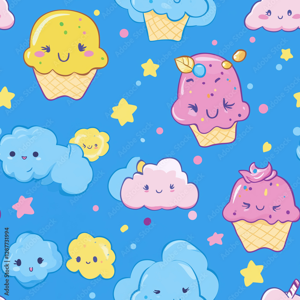 Playful Kawaii Ice Cream and Cloud Pattern with Smiling Faces Playful Kawaii Ice Cream and Cloud Pattern with Smiling Faces