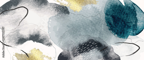 Watercolor art background vector. Wallpaper design with paint brush Earth tone watercolor, gold line and gold foil texture. Illustration for prints, wall art, cover and invitation cards.