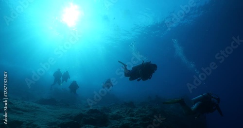 Wallpaper Mural silhouette  scuba divers sun beam shine rays underwater lady woman diver relaxing blue ocean scenery of people Torontodigital.ca