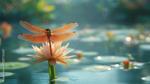 Dragonfly perched on a pink water lily in a serene pond at sunrise.