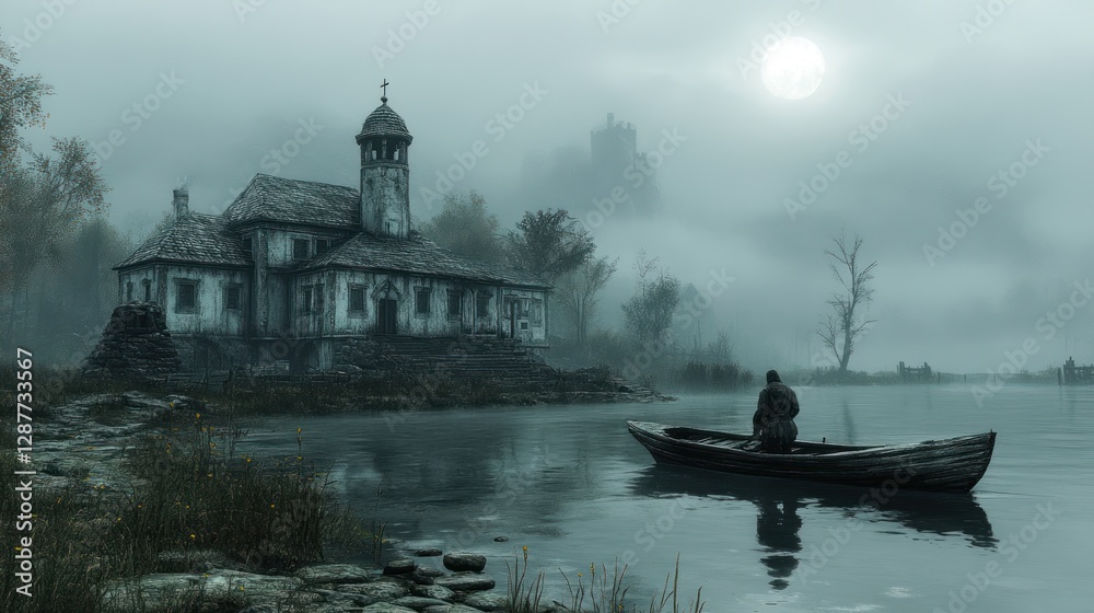 Fototapeta premium Foggy lake scene with old church, lone boatman, and distant castle.