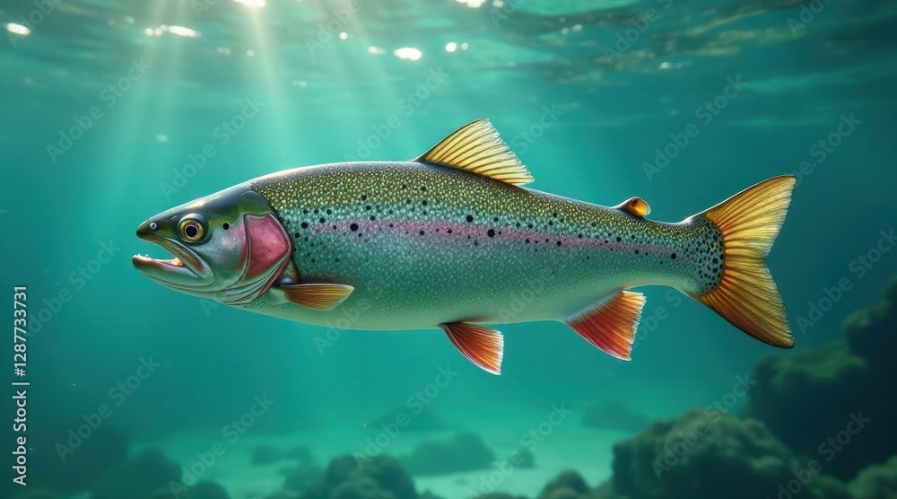 A vibrant rainbow trout gracefully swims in crystal-clear aquatic depths, sunlight filtering through the water's surface, illuminating its scales A vibrant rainbow trout gracefully swims in crystal-clear aquatic depths, sunlight filtering through the water's surface, illuminating its scales