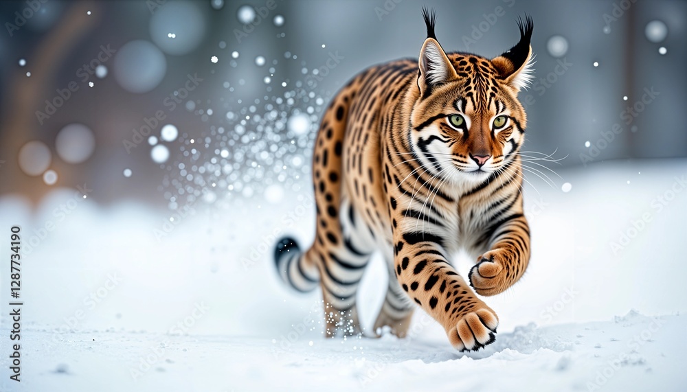 Obraz premium A lynx runs gracefully through a beautiful winter wonderland