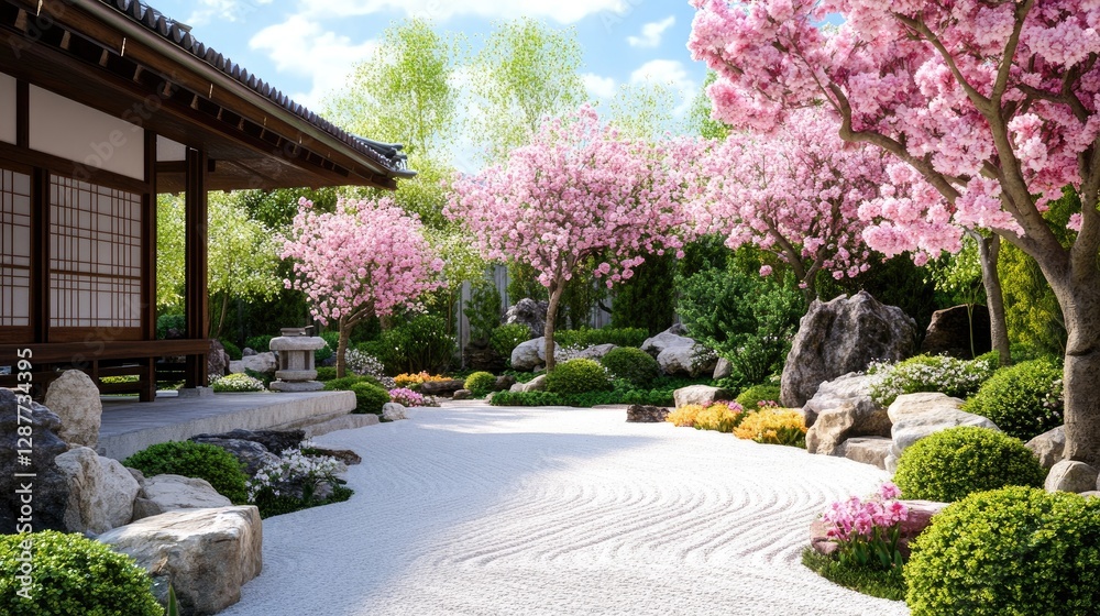Obraz premium Tranquil Japanese Garden with Cherry Blossoms in Springtime