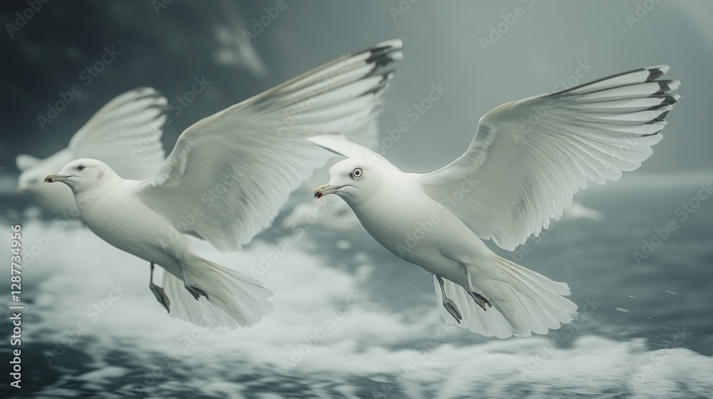 Obraz premium Two white seagulls in flight over churning water.