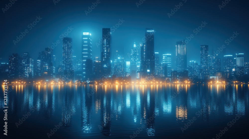 Fototapeta premium Night cityscape reflected in calm water, showcasing illuminated skyscrapers and city lights.