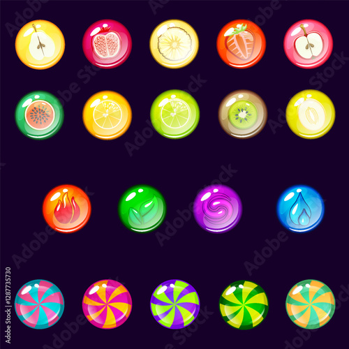 Color bubbles or balls for shooting or mach3 game, fruits balls, candy balls. Vector Glossy circle buttons