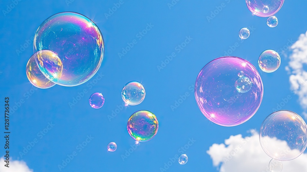 Colorful Soap Bubbles Floating in a Bright Blue Sky with Clouds Colorful Soap Bubbles Floating in a Bright Blue Sky with Clouds