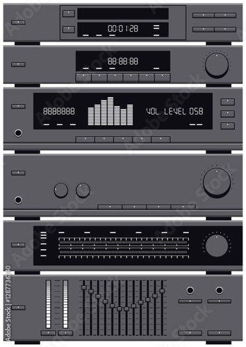 Vintage Integrated Stereo System Style Background. 1980s - 1990s HiFi Music System, CD Player, Radio, Amplifier, Equalizers