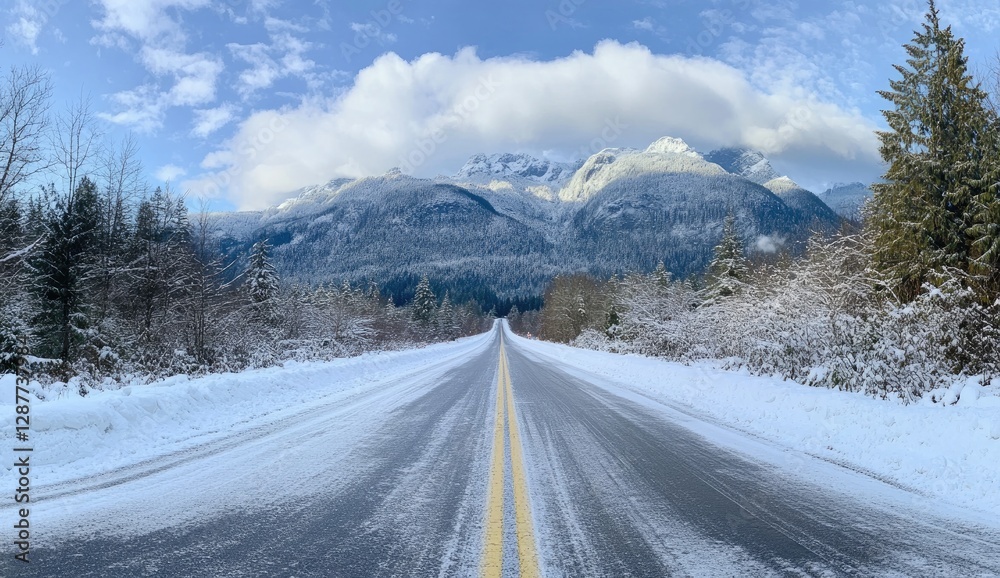 A wide-angle photo of the beautiful, snow-covered winter road in British Columbia, Canada, with mountains and forests on both sides. A wide-angle photo of the beautiful, snow-covered winter road in British Columbia, Canada, with mountains and forests on both sides.