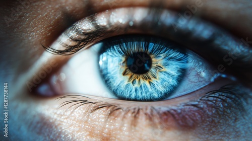 Close-up of a blue eye with intricate patterns and reflections, featuring detailed lashes and vibrant colors. Human eyesight and vision concept