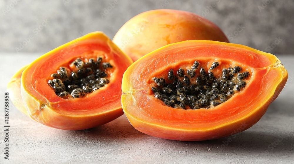 Papaya halves show seeds. Mango is blurred. For nutrition, healthy food ideas Papaya halves show seeds. Mango is blurred. For nutrition, healthy food ideas