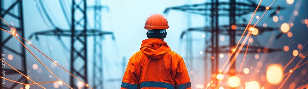 A worker in an orange safety jacket and hard hat stands at the site of high-voltage grid power lines, with a blurred background A worker in an orange safety jacket and hard hat stands at the site of high-voltage grid power lines, with a blurred background