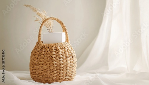 A woven straw bag with a handle, product photography, white background, high-resolution