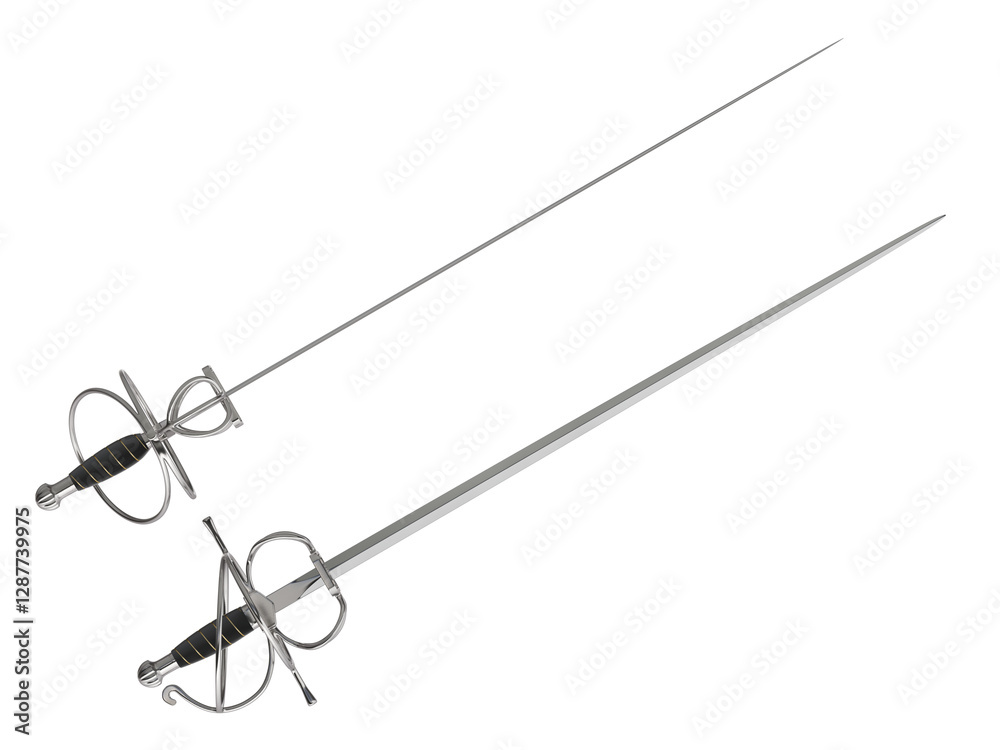 Fototapeta premium Medieval fencing sword (top and side view) isolated on transparent background - 3d PNG illustration
