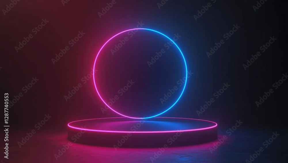 Abstract background with blue and pink neon light, glowing podium in a dark room. Vector illustration of geometric shapes for display products