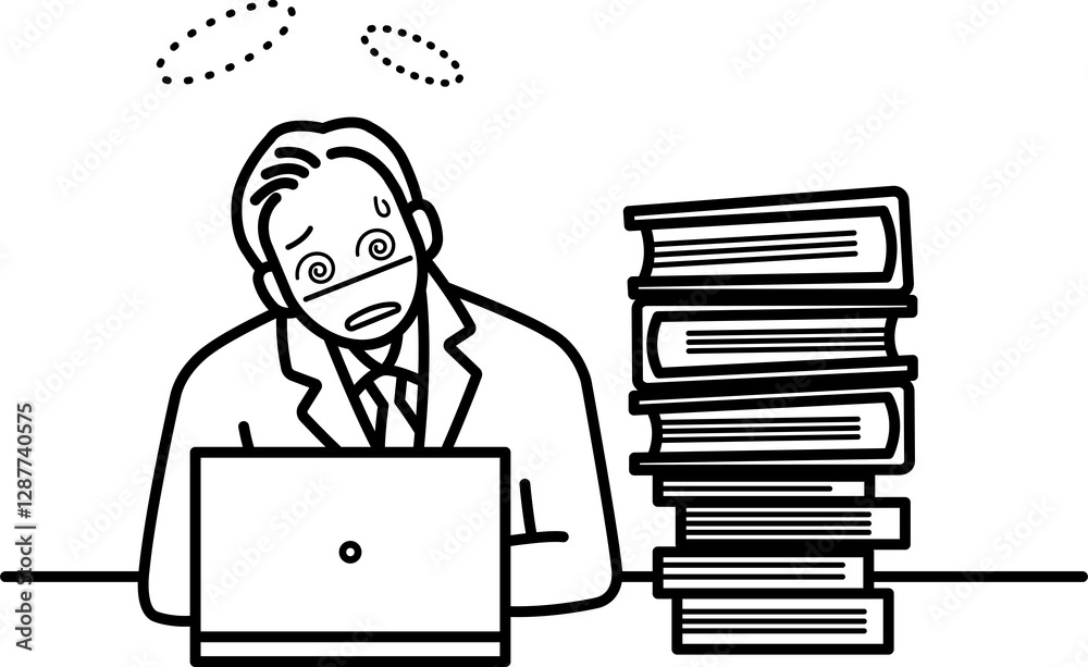 残業をする、仕事量が多いビジネスマンのイラスト 線画のみ 残業をする、仕事量が多いビジネスマンのイラスト 線画のみ